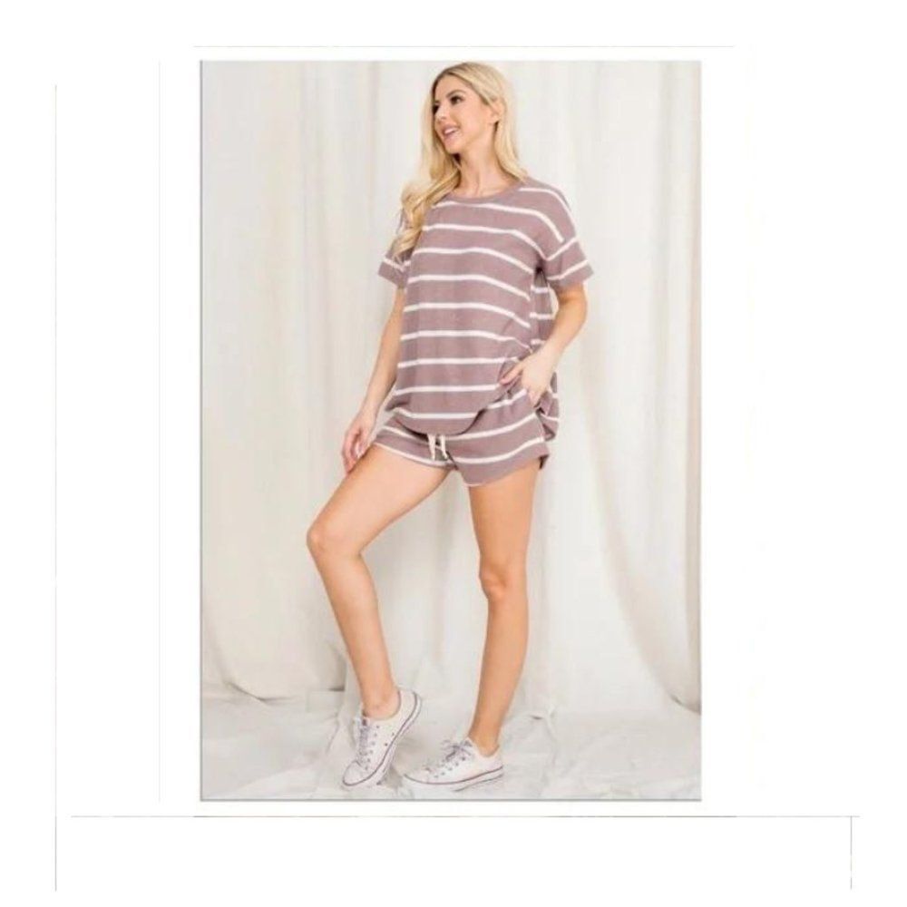 Mocha Short Sleeve Striped Top and Short Set  Sizes M-L-XL - Picture 2 of 7